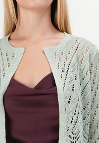 Světle zelený otevřený pletený kardigan s kulatým výstřihem a podrobnými krajkovými vzory, přehozený přes tmavě fialovou hedvábnou top.