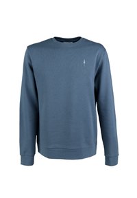 Blaues Baumwoll-Sweatshirt mit langen Ärmeln, geripptem Rundhalsausschnitt, strukturiertem Material und einem kleinen Baum-Logo auf der linken Brust.