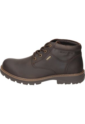 Bottes en cuir marron jusqu'à la cheville avec une finition texturée, bout rond et design à lacets. Équipées d'une semelle robuste pour l'adhérence et d'une doublure étanche.