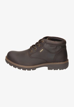 Braune Leder-Ankelstiefel mit strukturierter Oberfläche, runder Zehenform und Schnürdesign. Sie verfügen über eine robuste Sohle für besseren Halt und eine wasserdichte Innenausstattung.