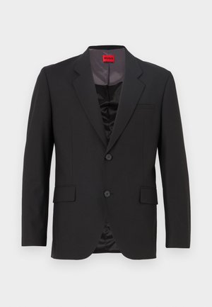Schwarze Sakko mit Reverskragen, zwei Knöpfen und zwei vorderen Taschen. Futter ist dunkel und hat eine glatte Textur. HUGO Logo ist innen sichtbar.