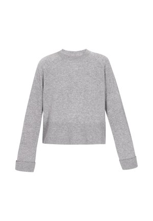 Lys grå cropped sweater lavet af blødt strikket stof, med rund halsudskæring, raglanærmer samt ribbede manchetter og nederkant.
