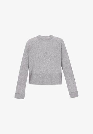 Világosszürke, rövidített pulóver, puha kötött anyagból készült, kerek nyakkivágással, raglán ujjakkal, valamint bordázott mandzsettákkal és aljjal.