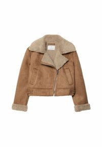 Brązowa skórzana kurtka przycięta z kołnierzem i mankietami z owczej skóry. Posiada przedni zamek błyskawiczny i dwie boczne kieszenie. Miękka tekstura i ciepły design.