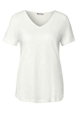 T-shirt blanc à manches courtes avec un col en V, fabriqué à partir d'un tissu doux et léger. Caractérisé par une coupe décontractée et une texture subtile avec un ourlet arrondi.