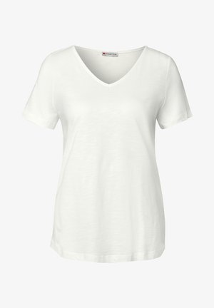 T-shirt blanc à manches courtes avec un col en V, fabriqué à partir d'un tissu doux et léger. Caractérisé par une coupe décontractée et une texture subtile avec un ourlet arrondi.