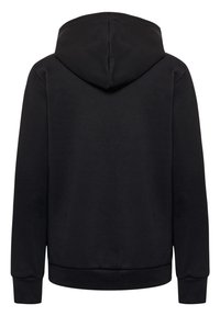 Svart huvtröja med mjuk textur, utrustad med en känguruficka, ribbade ärmslut och nederkant, designad för komfort och värme.