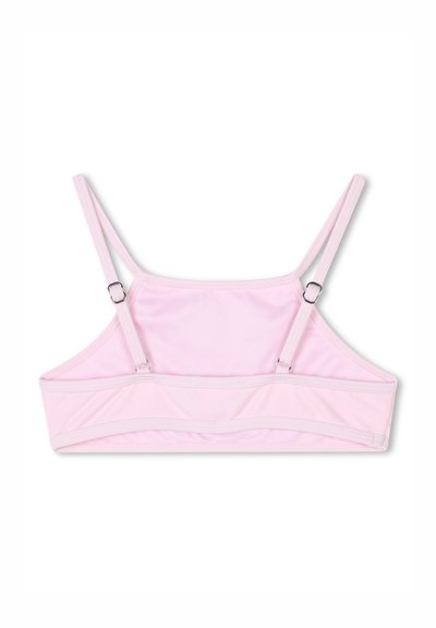 Bralette in tessuto rosa con spalline regolabili e accessori in argento. Caratterizzato da un design senza cuciture e una consistenza morbida.