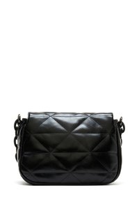 Borsa a tracolla nera in pelle lucida, imbottita, con motivi di cuciture diagonali, forma arrotondata e tracolla removibile.