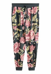 Květinové tepláky ve tmavé látce mají velké růžové růže a zelené listy, s páskem na stažení a elastickými manžetami pro lepší přiléhavost.