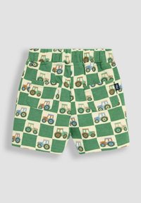 Grüne Shorts mit Traktormuster in Quadraten, aus weichem Stoff, mit elastischem Bund und zwei Gesäßtaschen.