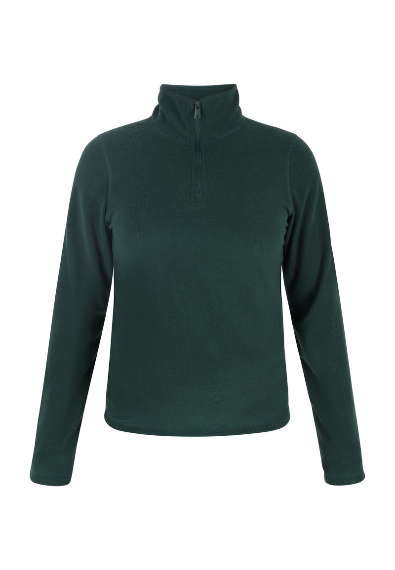 Donkergroen fleece pullover met een halve rits en hoge kraag. Heeft lange mouwen en een zachte, gestructureerde oppervlakte. Eenvoudig en functioneel ontwerp.