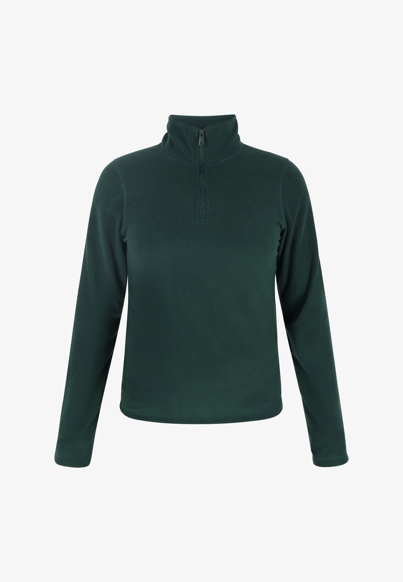 Pullover in pile verde scuro con mezza zip e colletto alto. Presenta maniche lunghe e una superficie morbida e testurizzata. Design semplice e funzionale.