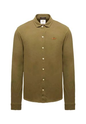 Polo a maniche lunghe color verde oliva realizzato in cotone, con colletto, apertura frontale con bottoni e logo ricamato sul petto.