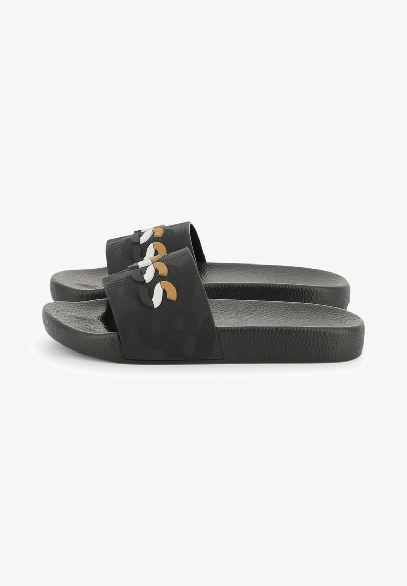 Black slide sandals featuring a textured finish, bold graphic accents in white, gray, and brown, with a broad strap design for support.