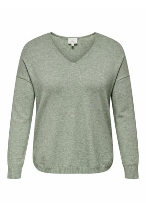Pull en tricot vert clair avec un col en V, des manches longues et des poignets et ourlet côtelés. Présente une coupe décontractée et une texture douce.