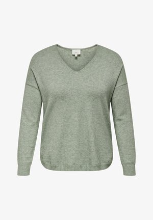 Suéter de punto verde claro con escote en V, mangas largas y puños y dobladillo acanalados. Presenta un corte holgado y una textura suave.
