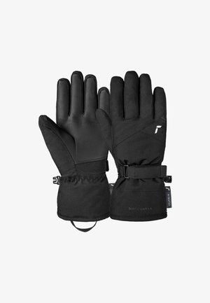 Gants d'hiver noirs avec un extérieur en softshell, des paumes en cuir, des sangles au poignet et des poignets élastiques pour un ajustement sûr. Présente une texture lisse.