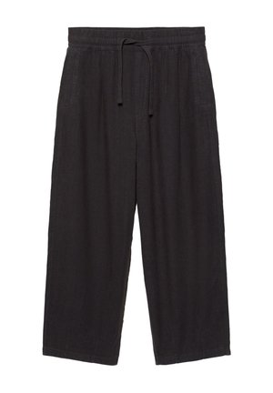 Pantaloni larghi in lino nero con vita elastica e coulisse, con tasche laterali e taglio a gamba dritta.