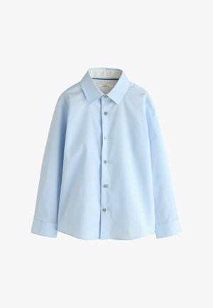 Cămașă albastru deschis cu mâneci lungi, cu nasturi pe partea din față, guler clasic și căptușeală interioară cu model la nivelul gulerului. Textură netedă a stofei.