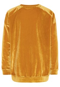 Velvet sweatshirt in heldergeel, met een gladde textuur, ronde hals en geribbelde manchetten. De achterkant toont lange mouwen en geen versieringen.