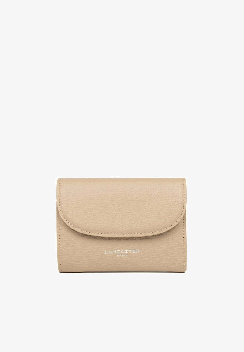 Beige leather wallet with a curved flap closure. Features embossed "LANCASTER PARIS" branding in white at the front. Smooth texture, rectangular shape.