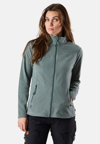 Fleece jacket in muted green, featuring a high collar, front zipper, and two zippered side pockets. Soft texture, minimal branding.