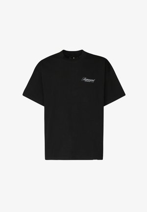 T-shirt in cotone nero con colletto a giro e maniche corte. Presenta un logo bianco in corsivo "Represent Owners Club" sul petto.