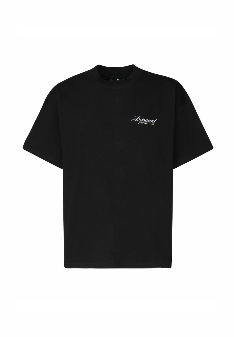 Camiseta de algodón negra con cuello redondo y mangas cortas. Presenta un logotipo en cursiva blanca "Represent Owners Club" en el pecho.