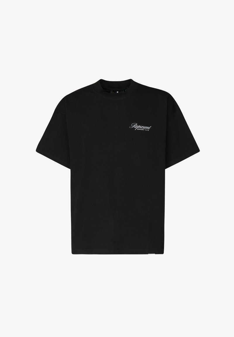 Camiseta de algodón negra con cuello redondo y mangas cortas. Presenta un logotipo en cursiva blanca "Represent Owners Club" en el pecho.
