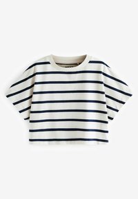 Stribet kortærmet t-shirt i creme og marineblå, lavet af blødt bomuld, med en bred halsudskæring og afslappet pasform, samt jævne vandrette striber.
