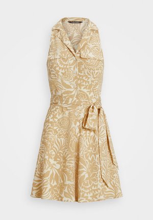 Abito beige a maniche corte con stampa floreale, colletto, bottoni frontali e dettaglio cintura legata. Design con gonna a ruota.