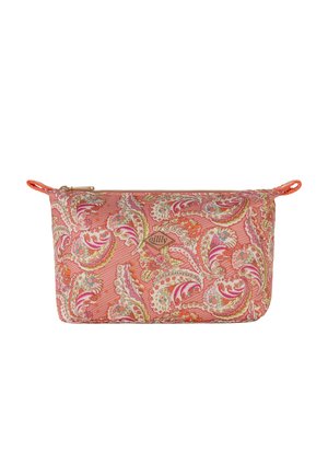 Rechthoekige roze etui met ritssluiting, voorzien van een paisley bloemmotief, zijlusjes en een klein diamantvormig logoplaatje met de tekst "oilily."