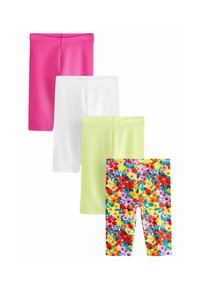 Négy pár leggings: rózsaszín, fehér, élénk zöld és tarka virágmintás. Puha anyag, térd hosszúságú, testhez álló dizájn rugalmas derékkal.