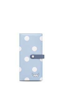 Light blue wallet with white polka dots, featuring a snap closure, textured material, and a small silver logo at the bottom.