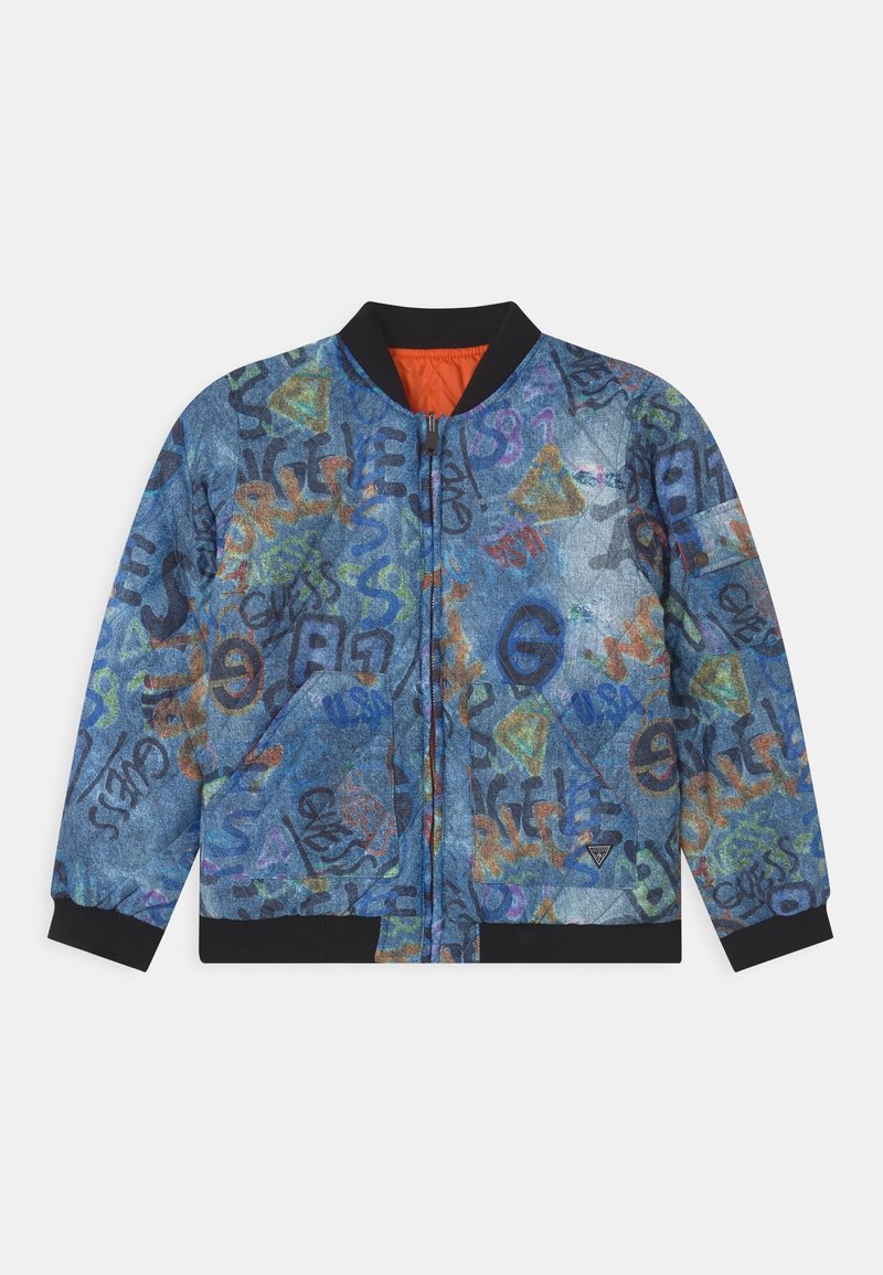 Veste bomber bleue avec texte et symboles colorés style graffiti, col, poignets et ourlet noirs, fermeture éclair devant.