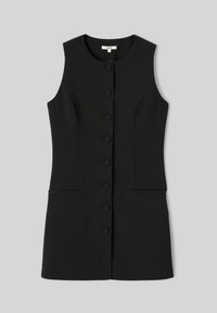 Robe noire sans manches au design ajusté, avec une rangée de boutons ronds sur le devant et deux poches latérales. Texture lisse.