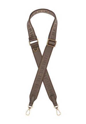 Regulowany brązowy pasek do torby z metalowymi zapięciami w złotym odcieniu oraz tłoczonym logo „LIEBESKIND” na całej długości.