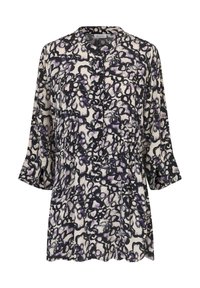 Lichte blouse met lange mouwen in een zwart, paars en crème abstract patroon. Knopen aan de voorkant, ontspannen pasvorm, met een ronde hals.