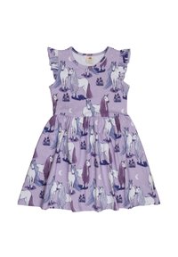 Lila Kleid mit einem Einhornmuster, kurzen Rüschensäumen und einem ausgestellten Rock. Hergestellt aus weichem, dehnbarem Stoff mit subtilen Mond- und Wolkendesigns.