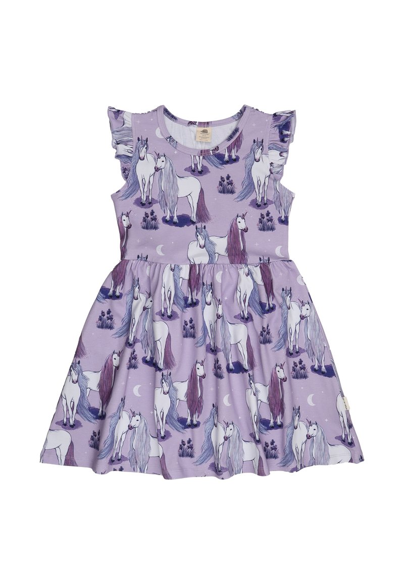 Lila Kleid mit einem Einhornmuster, kurzen Rüschensäumen und einem ausgestellten Rock. Hergestellt aus weichem, dehnbarem Stoff mit subtilen Mond- und Wolkendesigns.