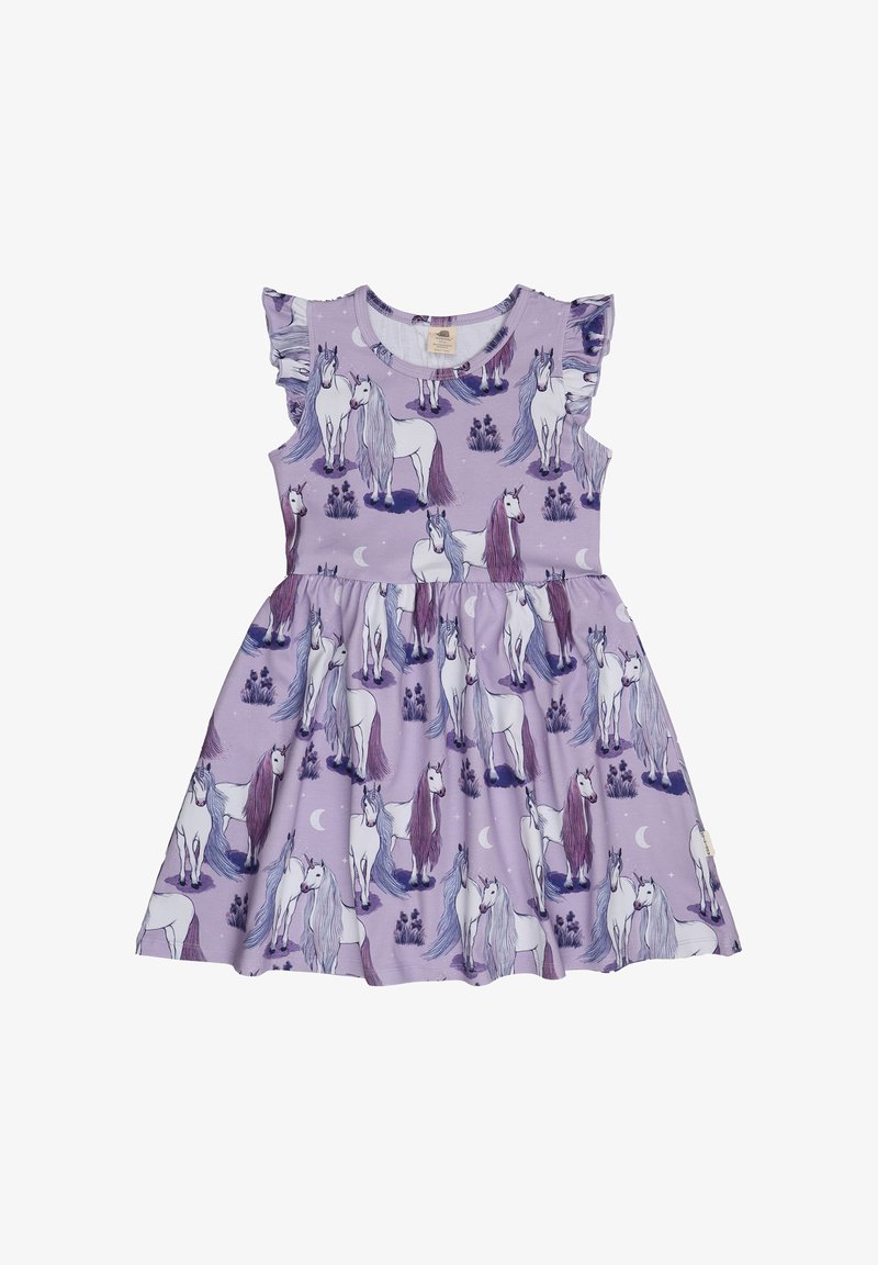 Lila Kleid mit einem Einhornmuster, kurzen Rüschensäumen und einem ausgestellten Rock. Hergestellt aus weichem, dehnbarem Stoff mit subtilen Mond- und Wolkendesigns.