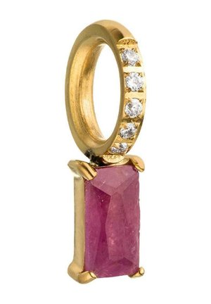 Gold charm with a round hoop set with diamonds and a rectangular pink gemstone in a four-prong setting hanging below.