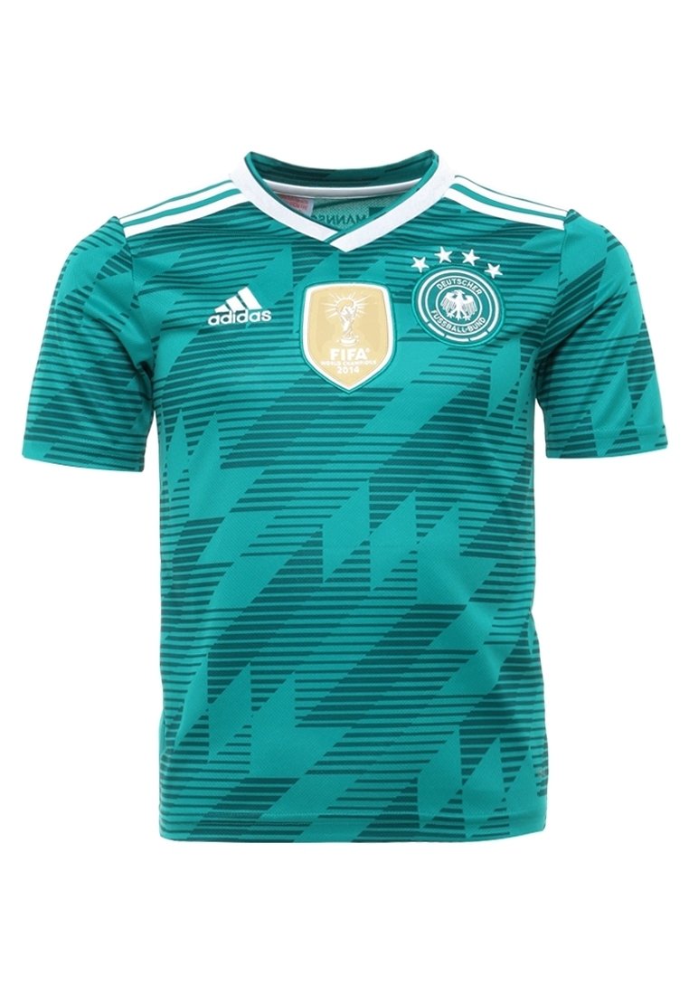 Vihreä jalkapallopaita, tehty synteettisestä materiaalista, jossa vaakasuorat ja vinot raidat, Adidas-logo, FIFA-tunnus ja Saksan jalkapalloliiton embleemi.