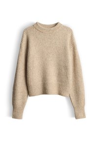 Maglione a coste beige con maniche lunghe e colletto alto, esposto su uno sfondo bianco.