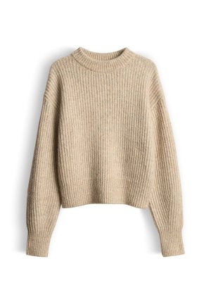 Pull en maille côtelée beige avec des manches longues et un col montant, présenté sur un fond blanc.