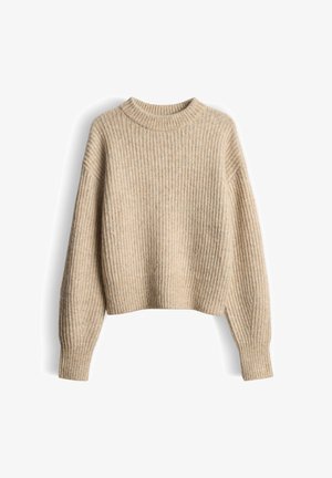 Beige geribbelde gebreide trui met lange mouwen en een opstaande kraag, weergegeven tegen een witte achtergrond.