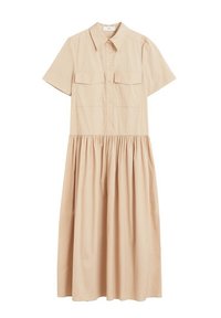 Vestito beige con bottoni e maniche corte, due tasche sul petto e gonna a pieghe. Realizzato in tessuto leggero con texture liscia.