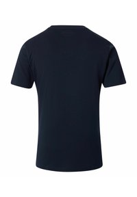 Marineblaue Baumwoll-T-Shirt mit Rundhalsausschnitt und kurzen Ärmeln. Glatte Textur, lässige Passform und keine sichtbaren Muster oder Grafiken.