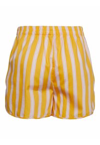 Gule shorts med pink og hvide lodrette striber, elastisk talje, letvægtsstof og en løstsiddende pasform.